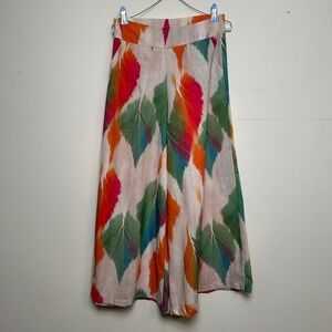Yanncy Wide Leg Linen Blend Pants Multi Color Ikat Leaf Print Size M